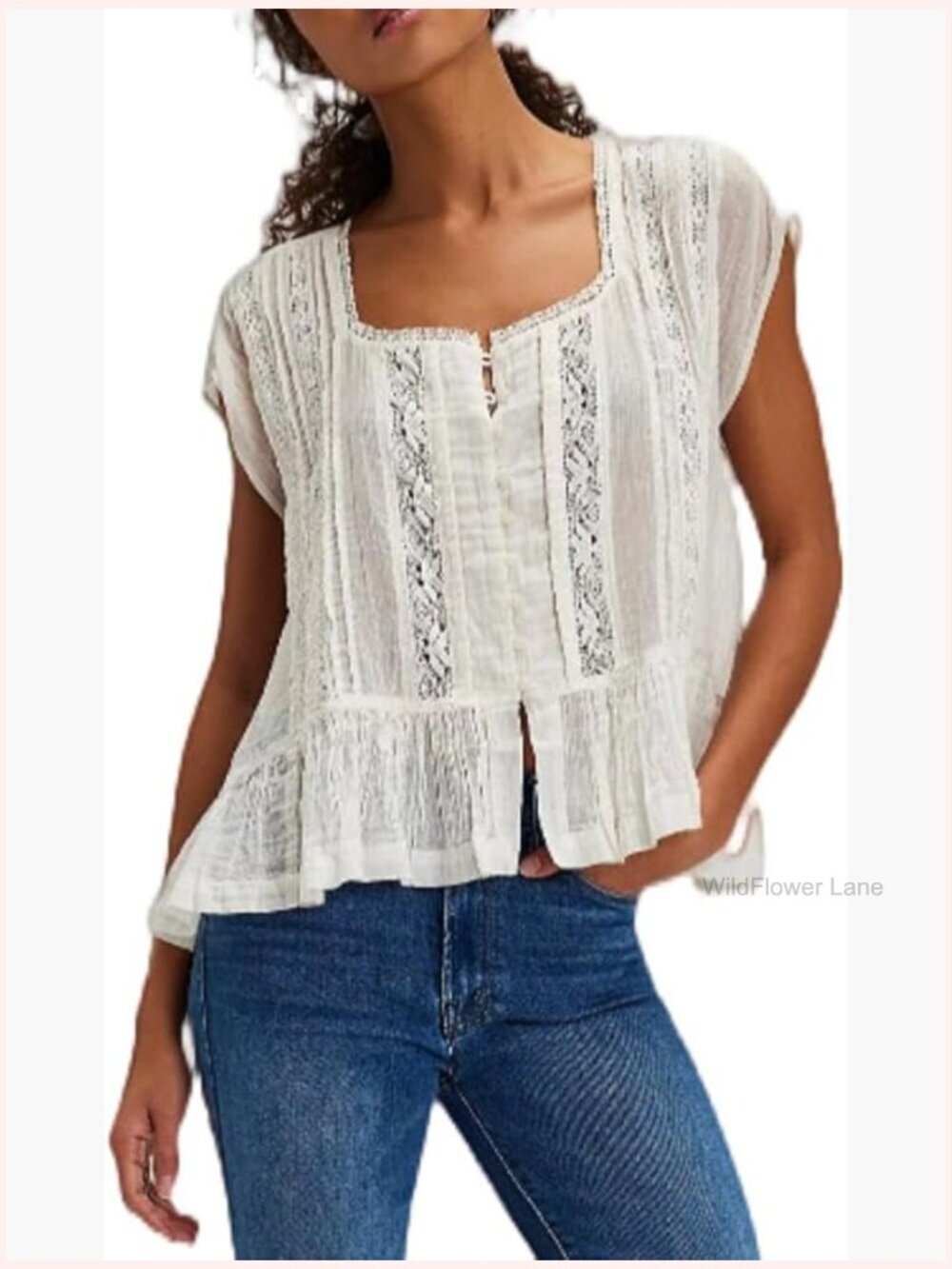 Sheer Lace Peplum Top Boho Bow Tie Ruffle Trim Short Sleeve Blouse Flowy